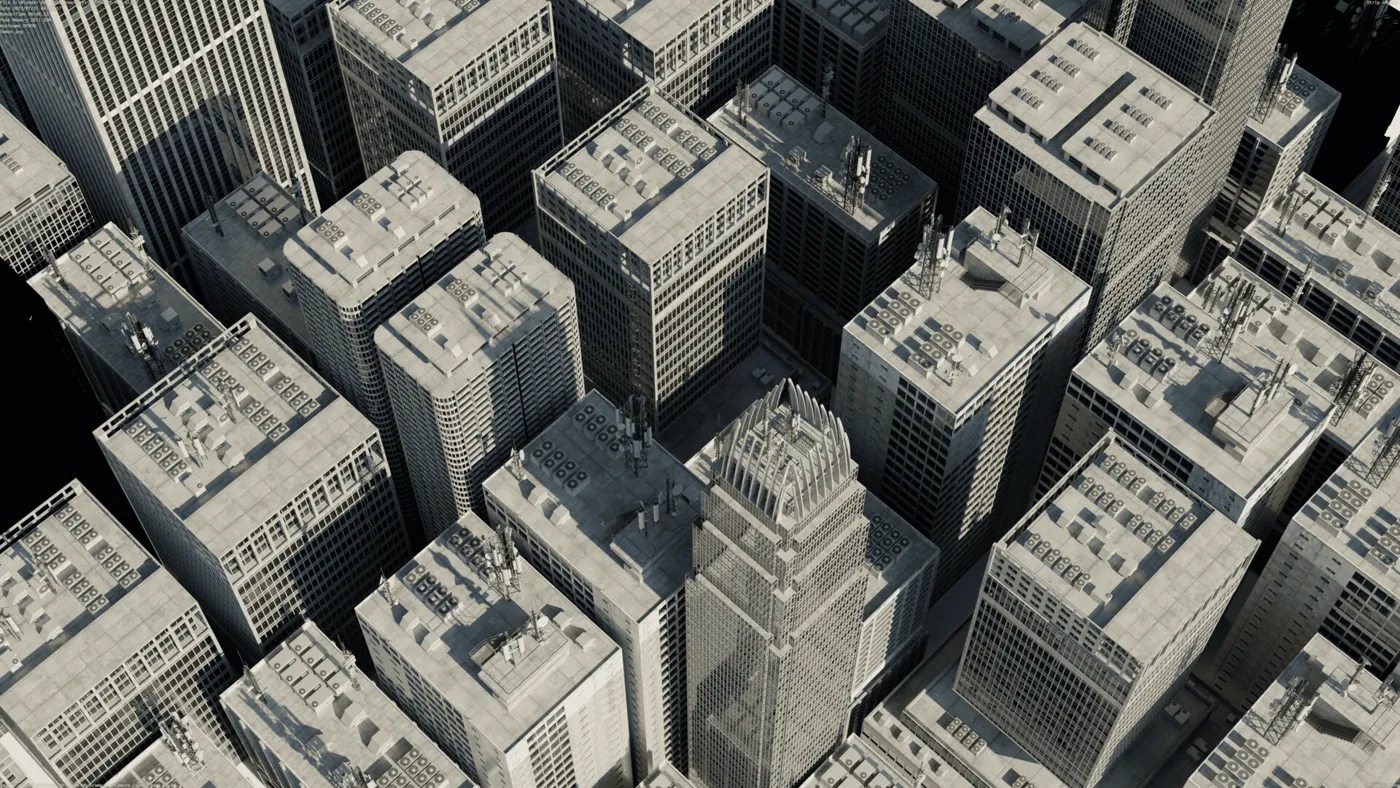 aerial greyscale clay render of a dense city