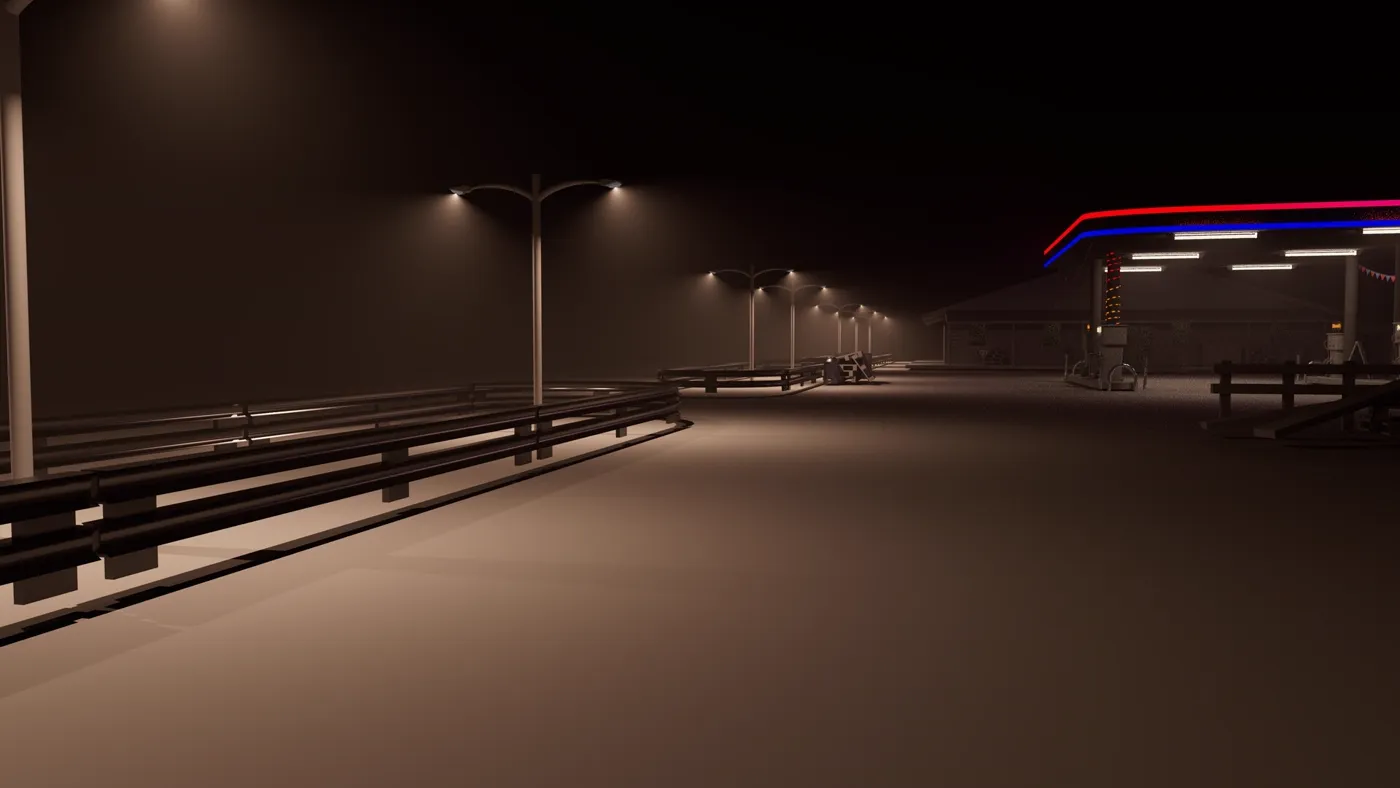 foggy roadside gas stop at night with neon canopy