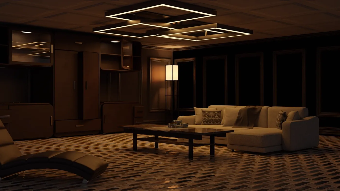 warm modern living room at night with nested light fixtures