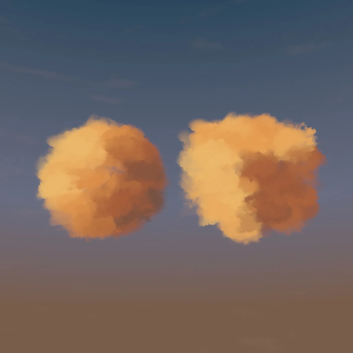 two golden-hour volumetric clouds against a dusk sky