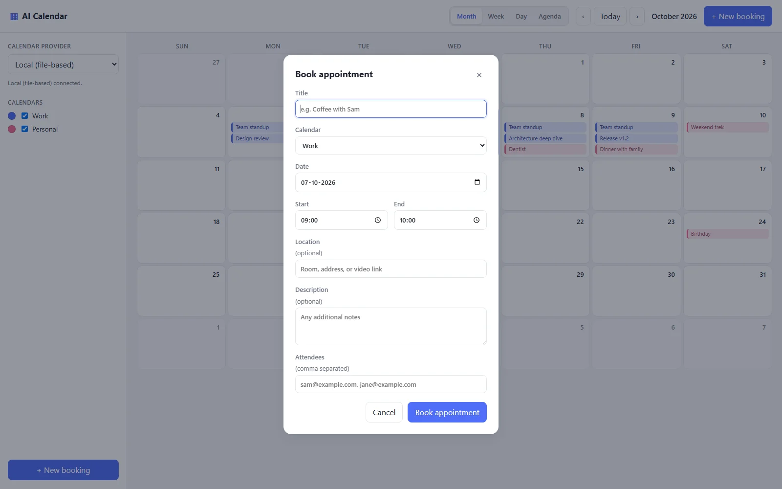 The booking form: title, calendar, date, start and end, location, description, attendees