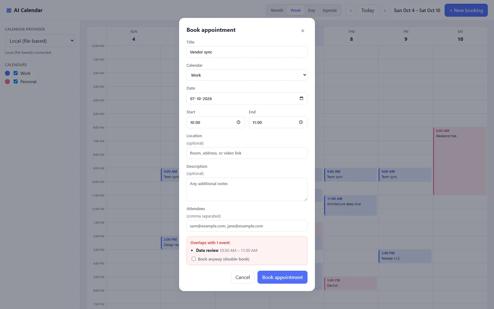 AI Calendar booking dialog warning that the new slot overlaps Data review