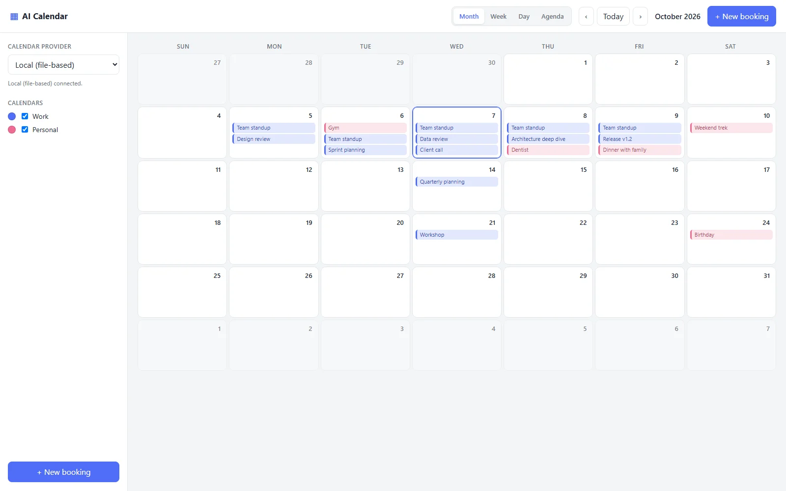 AI Calendar month view with work and personal events (demo data booked through the API)
