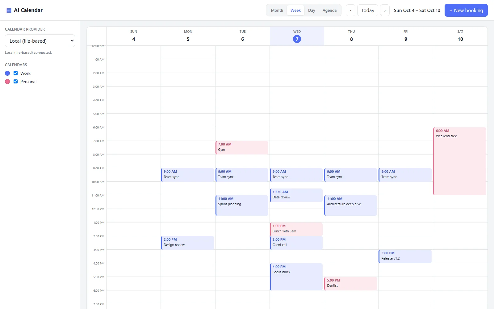 AI Calendar week view of 4 to 10 October 2026 with work and personal events