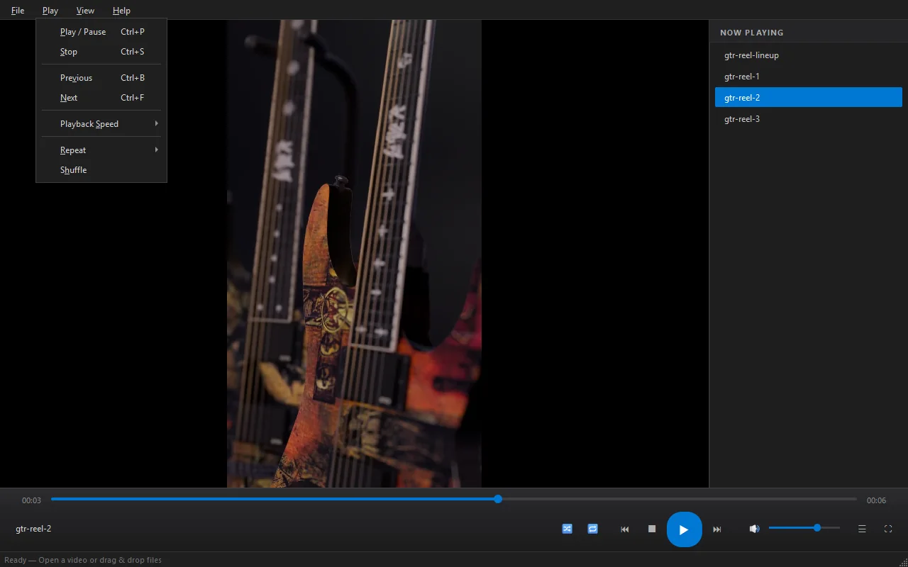 Flux Player with the Play menu open: play, stop, previous, next, playback speed, repeat, shuffle