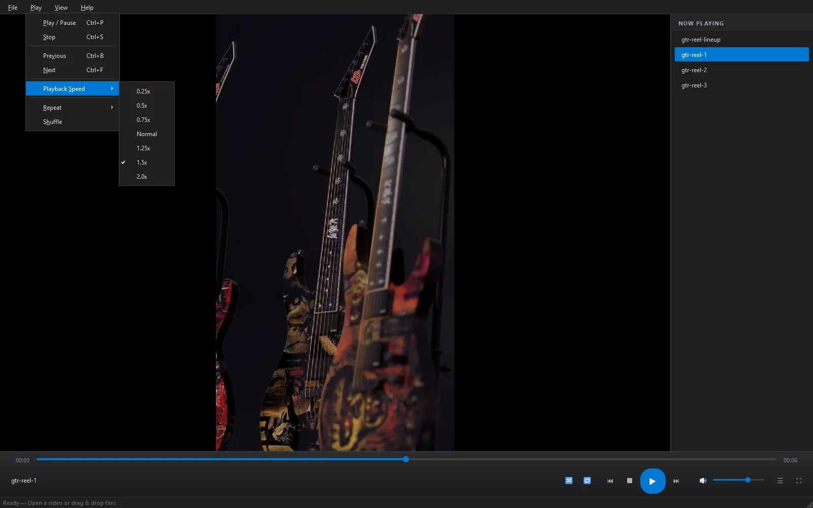 Flux Player with the Play menu and Playback Speed submenu open, 1.5x checked