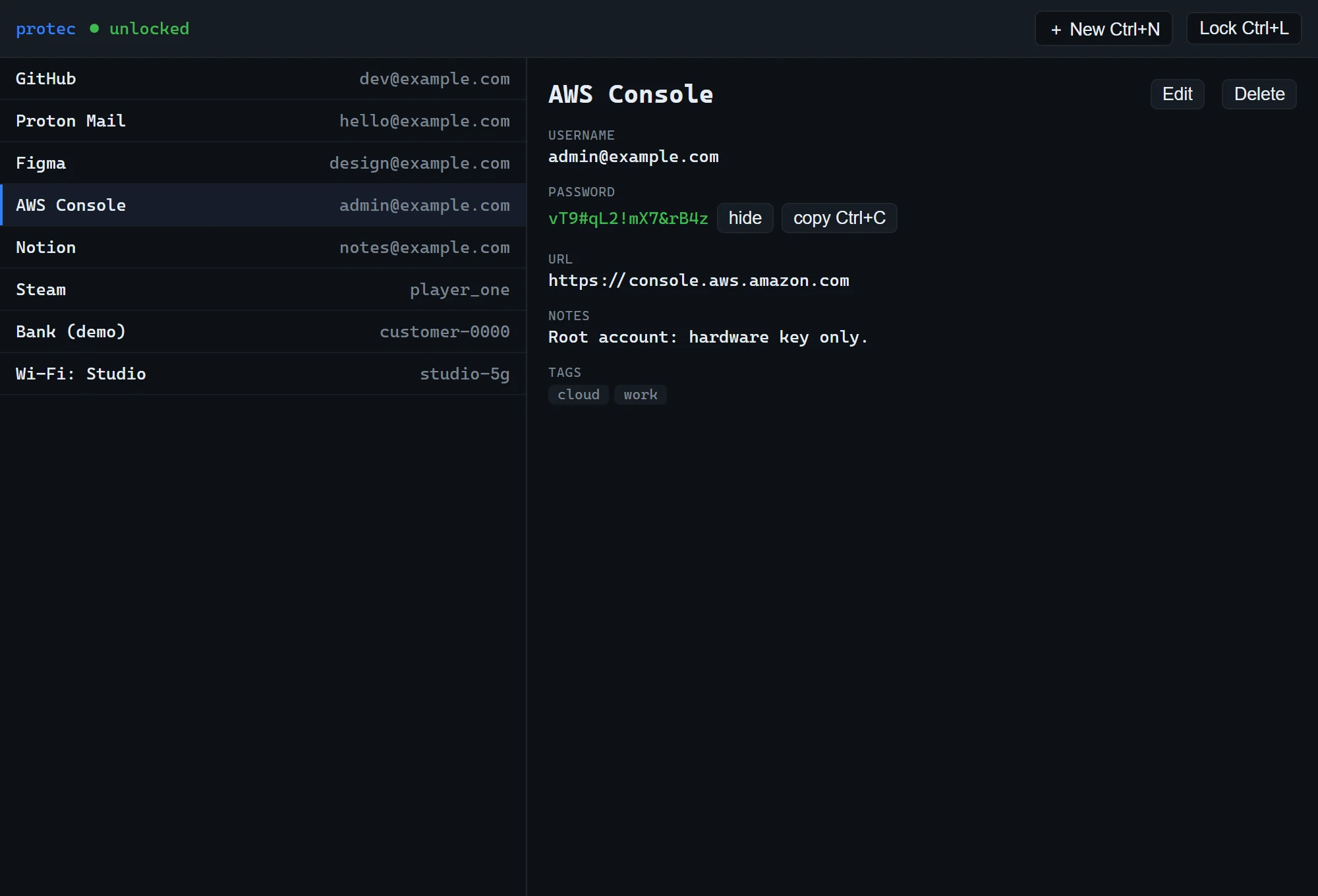 Protec's vault with an entry open: username, revealed password, URL, notes and tags (demo data)