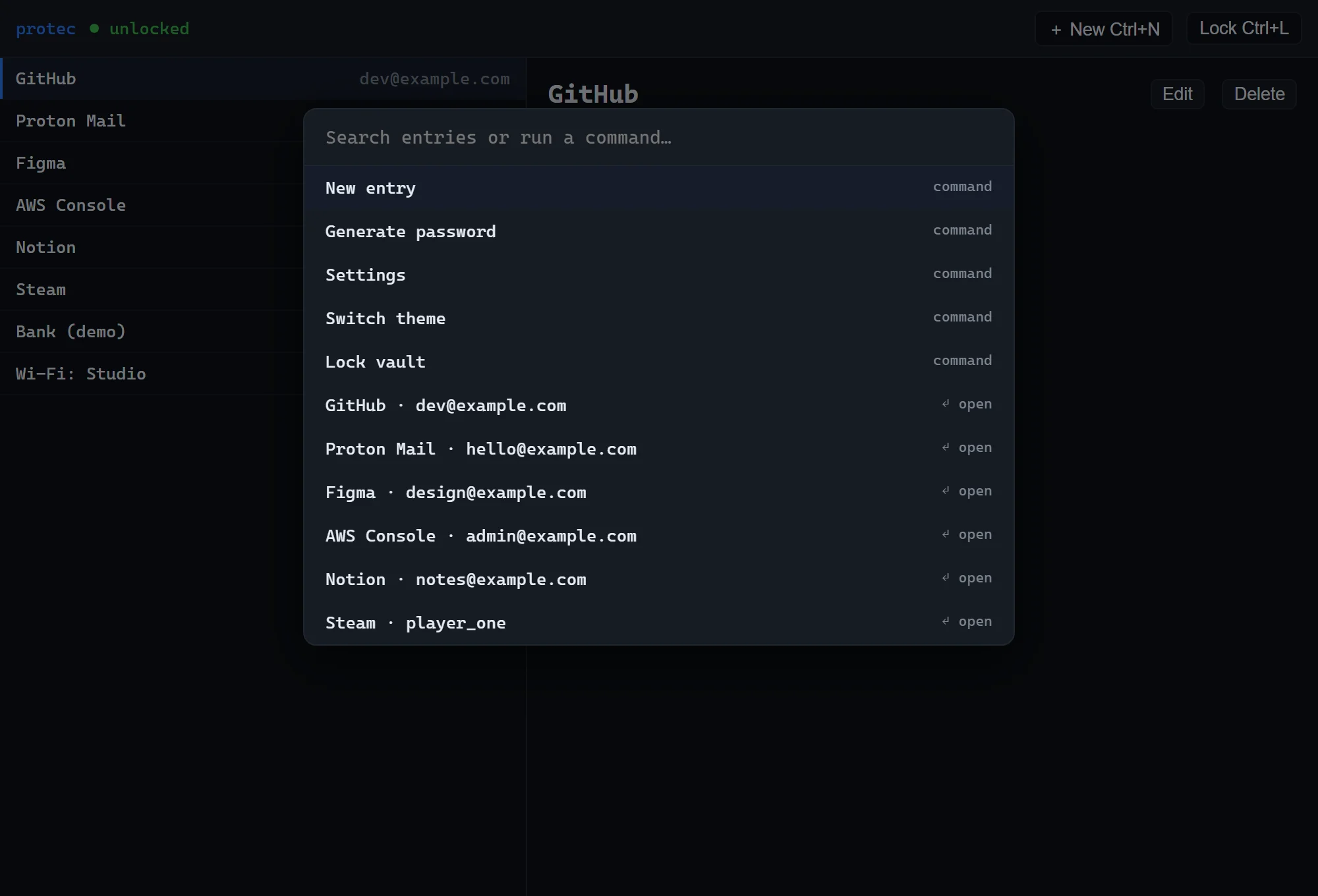 Protec command palette listing commands and fuzzy-matched vault entries