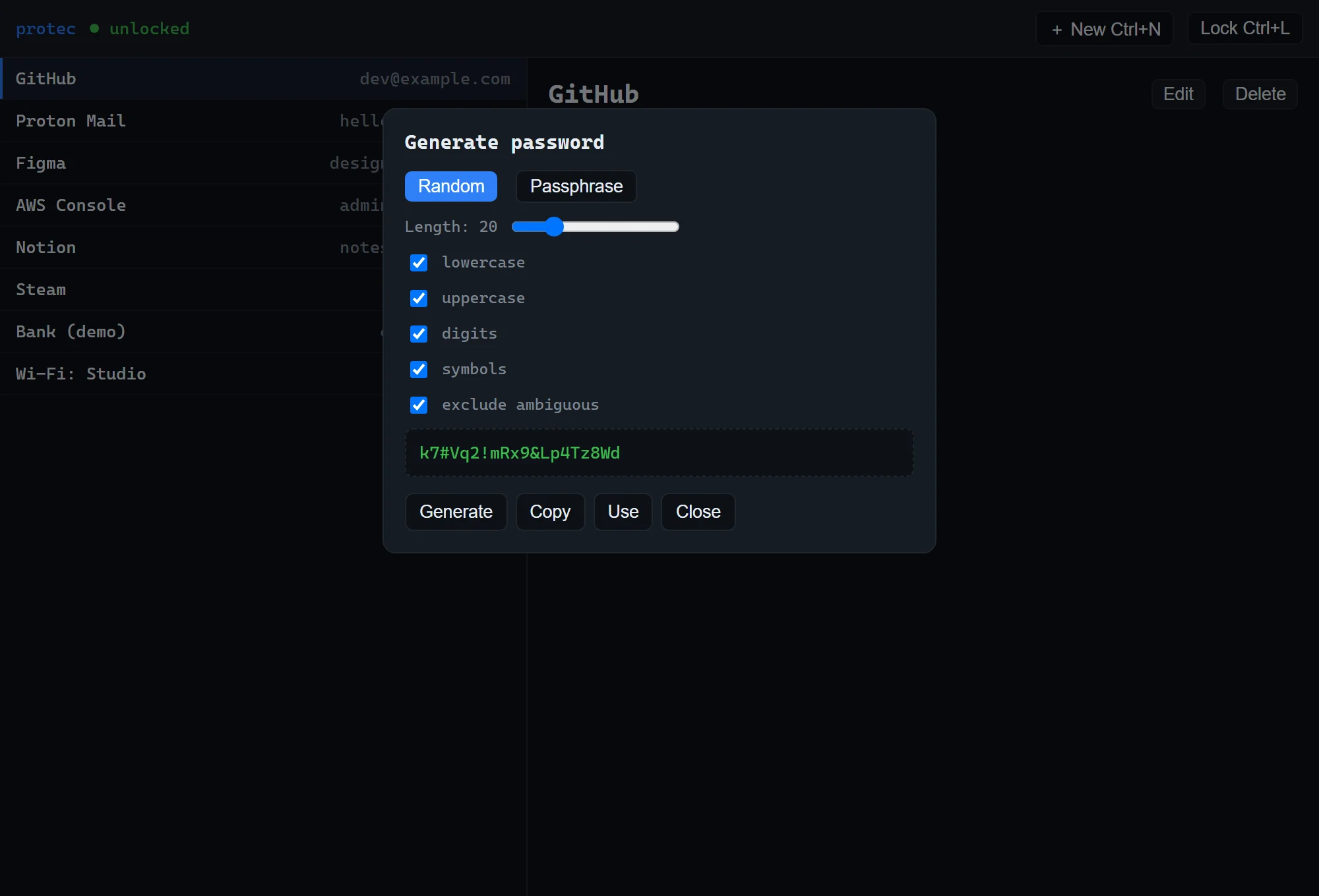Protec password generator dialog with length slider and character-class toggles