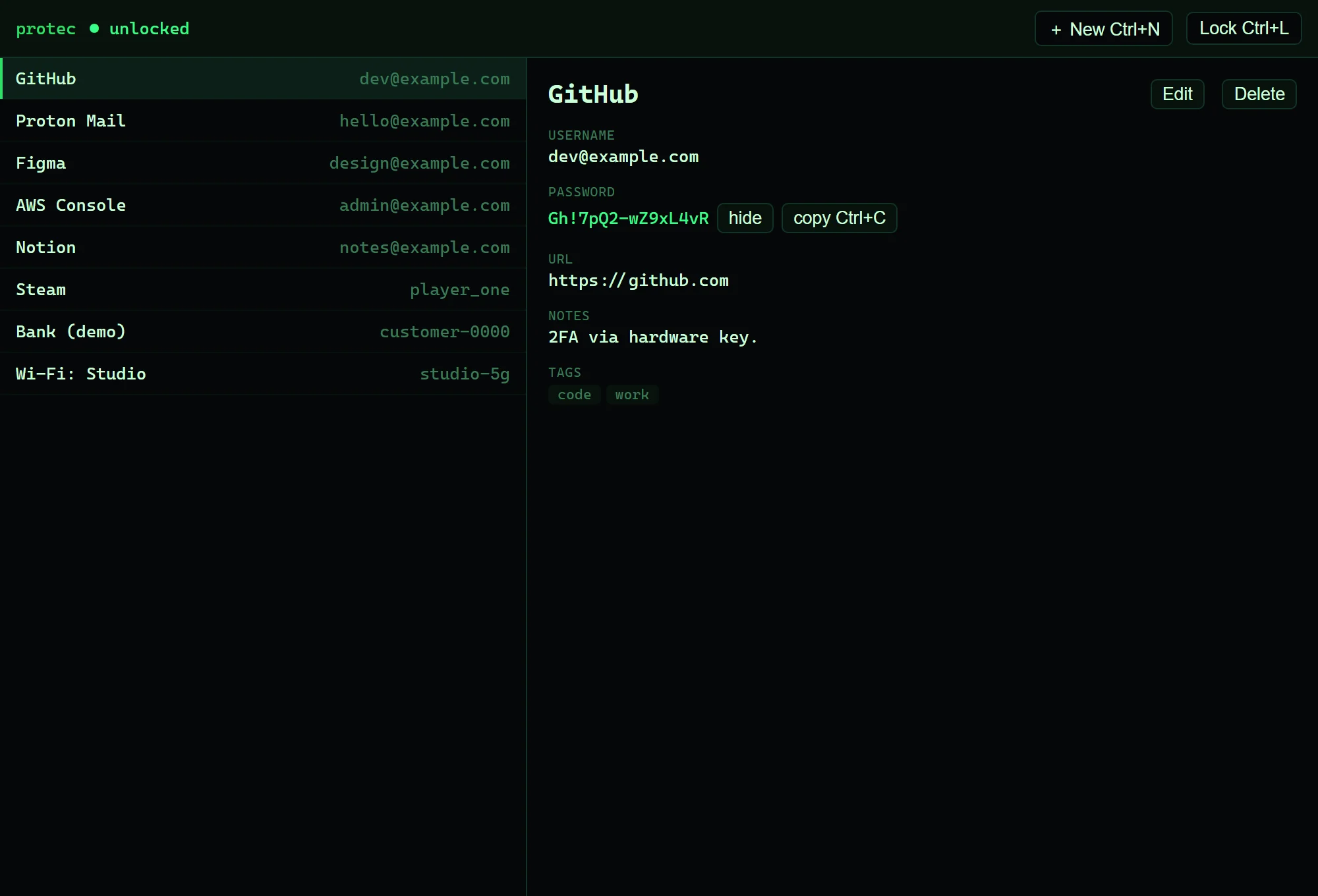 Protec main view in the Terminal Green theme with the GitHub entry revealed