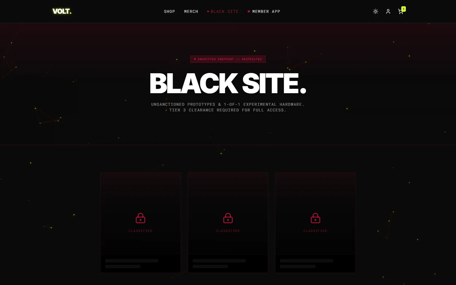 VOLT Black Site page with locked classified product cards