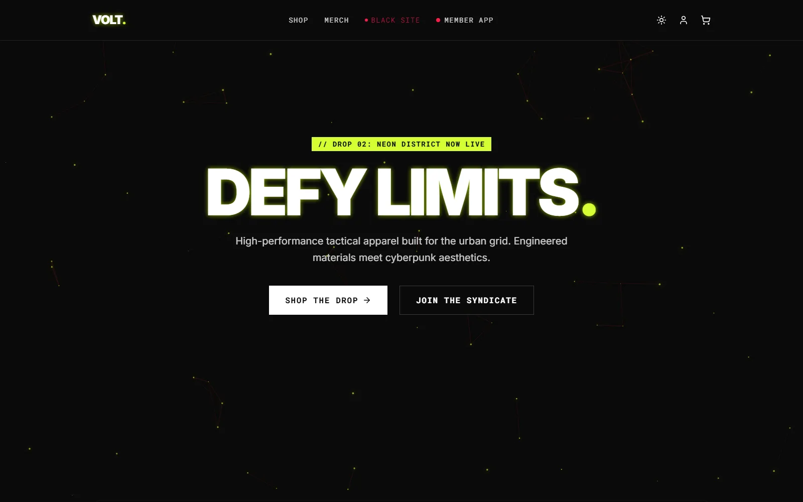 VOLT home page: DEFY LIMITS hero with the current drop