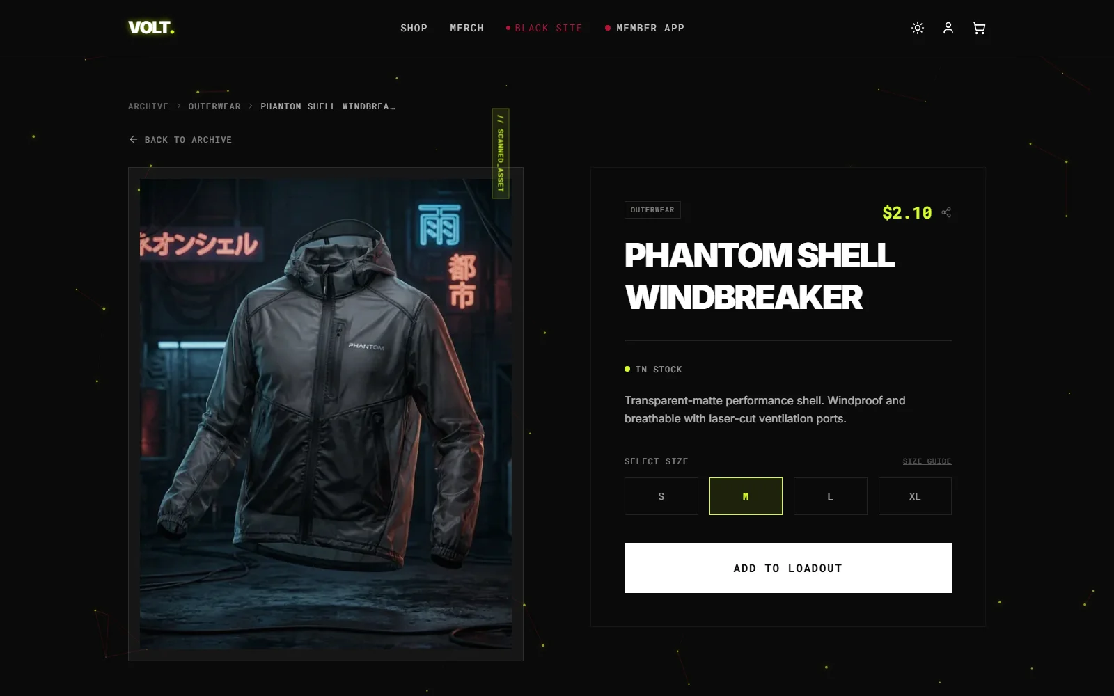 VOLT product page for the Phantom Shell Windbreaker with size selector and Add to Loadout button