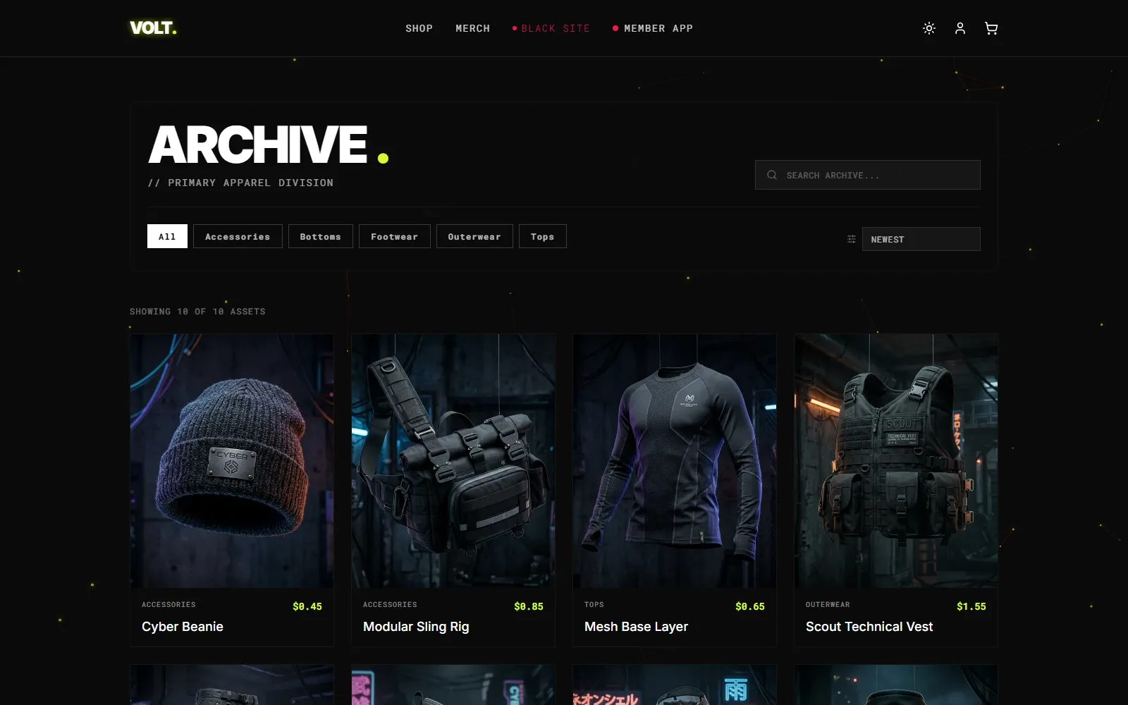 VOLT archive page: product grid of techwear with category filters
